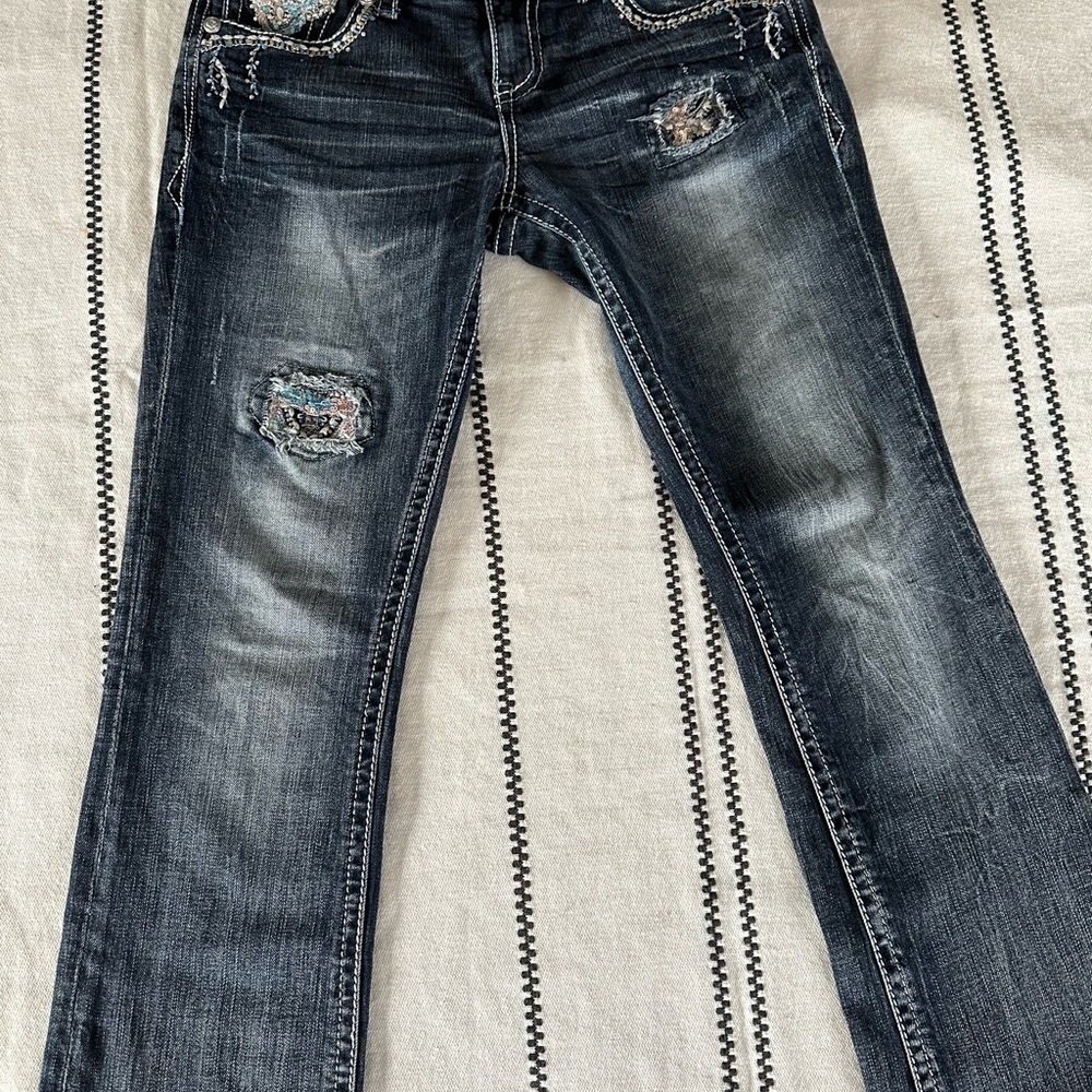 Grace Blue Straight Leg Jeans Distressed Design